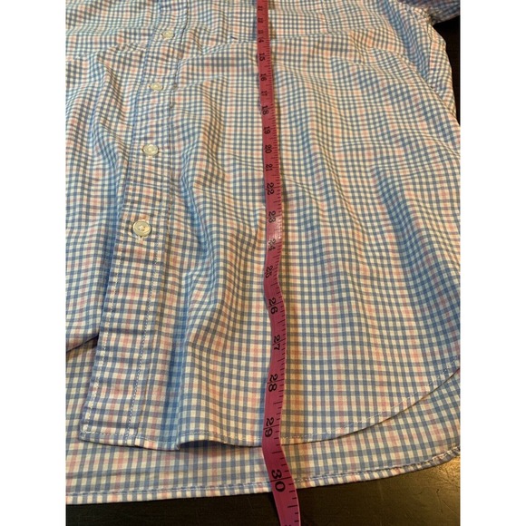 J Crew Button Shirt Mens XL 17-17.5 Flex Short Sleeve Blue Pink Check Stretch - Picture 10 of 12